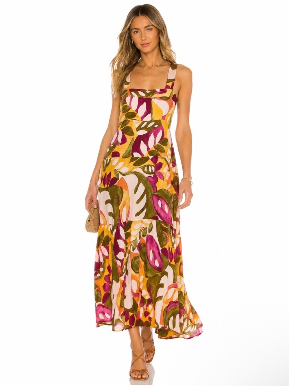 Vince Camuto Printed Square-Neck Smocked-Back Sleeveless Maxi Dress Size XS